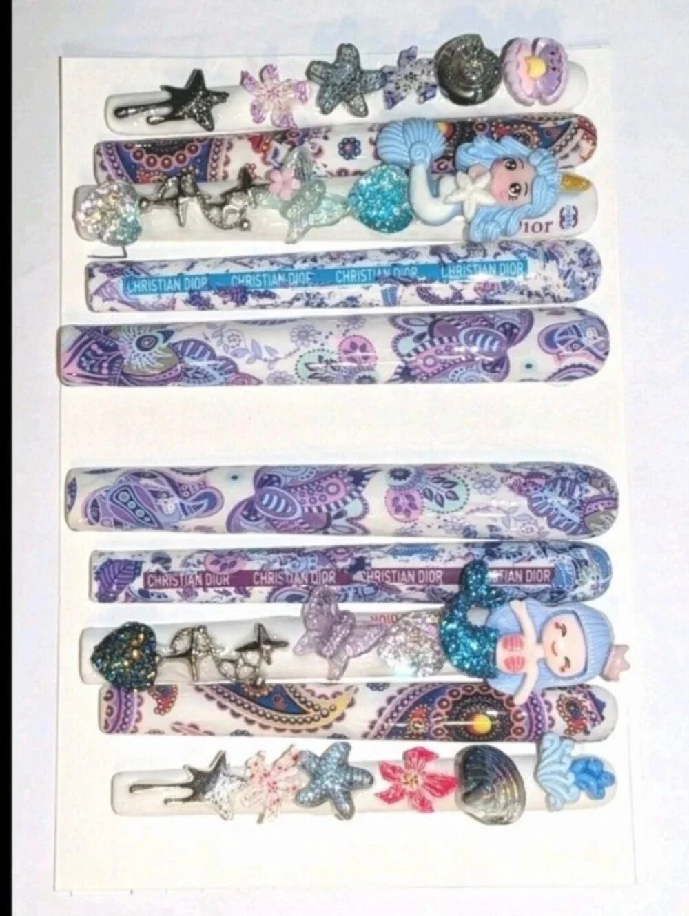 Hand CRAFTED Ladies Mermaid Press On  Nail  Set - Purple & Blue Paisley Sz Large